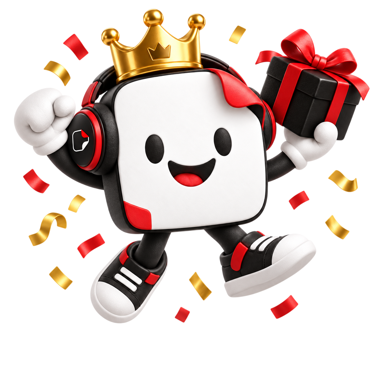 Mascote celebrando com um presente